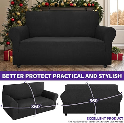 ZNSAYOTX Super Stretch Couch Cover Love Seat Sofa Covers for Living Room Dogs Pet Friendly Furniture Protector Spandex Loveseat Slipcovers with Anti Slip Foam Sticks (Black, Loveseat)
