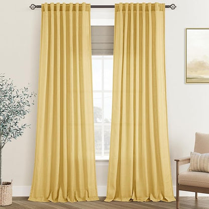 Gold Curtains for Living Room Back Tab Modern Farmhouse Semi Sheer Curtains 108 inches Long 2 Panels Set Muted Neutral Window Curtain for Dining Room Bedroom 52x108