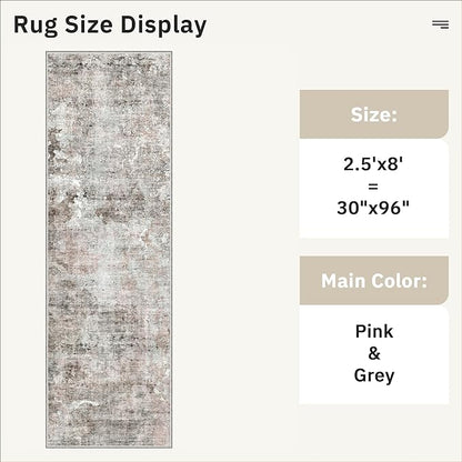 Washable Runner Rug, 2'6" x 8' Non-Slip Kitchen Vintage Foldable 2.5x8ft Hallway Runners for Entryway, Laundry, Bedroom, Pink/Grey