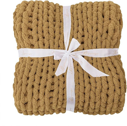 Bigacogo Chunky Knit Throw Blanket for Couch, 40x60 inches, 100% Hand Knitted with Thick Jumbo Chenille Yarn, Cozy Soft Large Rope Knot Cable Crochet Blankets for Sofa Bed Living Room, Goldenrod