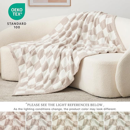 EXQ Home Checkered Throw Blanket, Knitted Blanket with Checkerboard Grid Pattern, Soft Cozy Fluffy Blankets for Couch Bed Sofa, Warm Fuzzy Plaid Blanket for All Seasons (Taupe, 50"×60")