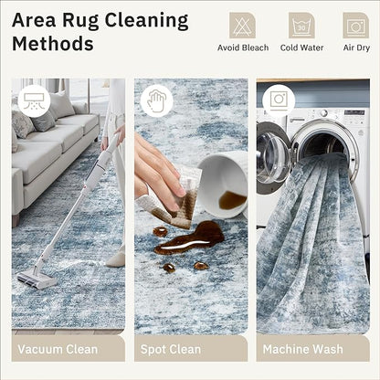 Abstract Rug 8x10 Large Living Room Rugs Neutral Modern Washable Area Rugs for Bedroom Dining Room Non-Slip Stain Resistant Foldable Thin Blue
