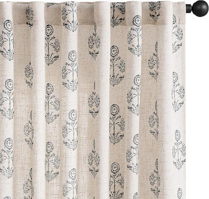 jinchan Linen Floral Curtains for Living Room 63 Inch Length Black Flower Cottage Core Farmhouse Curtains Rod Pocket Back Tab Boho Semi Sheer Window Drapes Bedroom Set 2 Panels Black on Beige