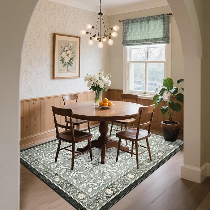 GarveeHome Provence 8x10 Area Rugs for Living Room, Botanical Grove Soft Cottagecore Washable Rug for Bedroom Dining Nursery Low-Pile Vintage Large Carpet Gray Fog Green