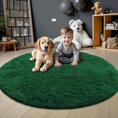 OLANLY Dark Green Round Rugs for Bedroom - Machine Washable, 4 ft Circle Area Rugs for Living Room, Soft and Fluffy Shaggy Carpet for Teen Girls and Boys, Nursery Rooms, Dorms, Home Decor Aesthetic