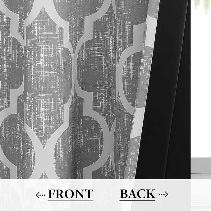 Beauoop 100% Blackout Curtains 63 Inches Long 2 Panels for Bedroom Living Room Grey Moroccan Geo Room Darkening Thermal Insulated Soundproof Rod Pocket Back Tab Window Treatments Drapes, 50x63