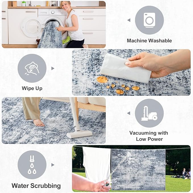 Area Rugs Living Room Rug - 4x6 Washable Modern Abstract Soft Neutral Non-Slip Carpet Large Indoor Floor Thin Carpets for Bedroom Dining Room Farmhouse Nursery Home Office Grey Blue