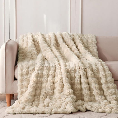 COOVA Faux Fur Throw Blanket for Couch, Cozy Soft and Fuzzy Plush Rabbit Fur Bubble Blanket for Sofa Bedroom Living Room, 60x80 Inches Light Taupe
