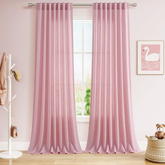 Nanspring Rose Linen Curtains 102 Inches Long 2 Panel Set Back Tab Rod Pocket Semi Sheer Light Filtering Burlap Style Extra Long High Window for Neutral Farmhouse Decor Curtains in Living Room 52x102