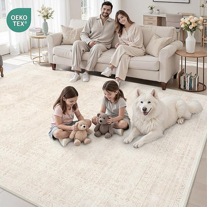 Area Rugs 9x12 Living Room: Vintage Boho Neutral Washable Rug Indoor Soft Large Area Rug Carpet for Bedroom Nursery Farmhouse Dining Room Office Floor Non-Slip Low Pile Under Table Rug Beige