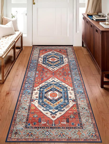SERISSA Boho Washable Runner Rug, 2x6 Rug Runner Non-Slip Vintage Rust Hallway Kitchen Runner Rug Ultra Soft Print Distressed Tribal Floor Carpet Runner for Bedroom Bathroom Laundry Living Room