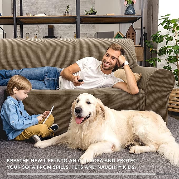 ZNSAYOTX Super Stretch Couch Cover Love Seat Sofa Covers for Living Room Dogs Pet Friendly Furniture Protector Spandex Loveseat Slipcovers with Anti Slip Foam Sticks (Brown, Loveseat)