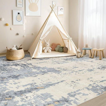 UERMEI 8x10 Area Rug Living Room Rugs - Washable Neutral Modern Abstract Soft Thin Rug Indoor Floor No Slip Rug Carpet for Bedroom Under Dining Table Home Office Decor - Blue/Light Brown