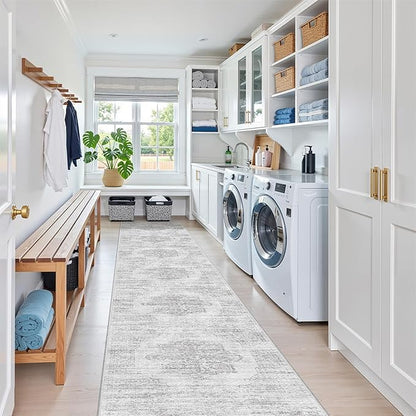 2x12 Runner Rug, Long Hallway Rugs for Dining Room, Living Room, Bedroom, Machine Washable Kitchen Carpet Runner with Rubber Backing, Soft Low Pile Indoor Rug(2'x12', Light Grey/White)