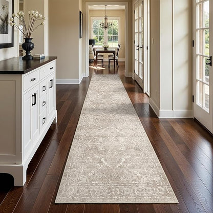 Washable 3x14 Runner Rug - Non-Slip Vintage Runner Rug for Entryway Low-Pile Medallion Long Rugs for Hallway Waterproof Traditional Runner Rugs Indoor Thin Rug for Kitchen (Beige)
