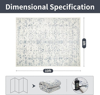 Washable Rugs 8x10 Area Rugs for Living Room- Large Vintage Rugs for Bedroom,Dining Room,Ultra Soft Low Pile Foldable Carpet with Non Slip Rubber Backing,Neutral Accent Rug(White-Blue)