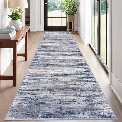 KOZYFLY Modern Abstract Washable Rug Runner 2.6x12 Hallway Rug Runner Non-Slip Soft Kitchen Runner Rugs, Grey-Blue Striped Carpet for Entryway Bathroom Laundry Room Foyer