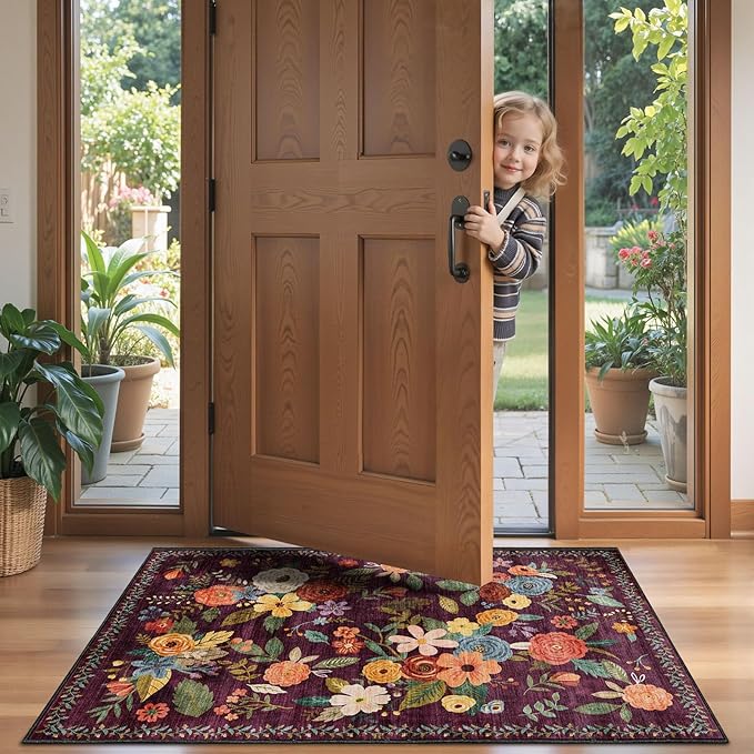 2x5 Entryway Runner Rugs, Non Slip Washable Rugs with Rubber Backing Soft Floral Carpet Runner for Kitchen, Laundry, Bedroom, Bathroom(2 x 5, Purple)