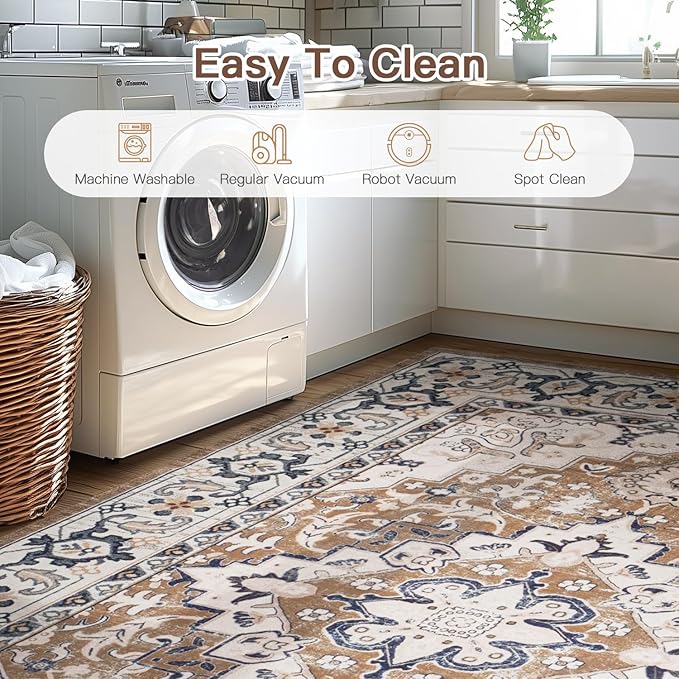 Lofus 3x5 Area Rugs for Living Room, Machine Washable Area Rug, Soft Small Rugs for Bedroom, Kitchen, Office and Indoor, Vintage Boho Carpet, Non-Slip Low Pile Carpets, Floral Brown