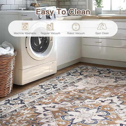 Lofus 5x8 Area Rugs for Living Room, Washable Area Rug, Rugs for Bedroom, Kitchen, Vintage Boho Carpet, Soft Non-Slip, Low Pile Large Area Rug for Office Dining Room, Floral Brown