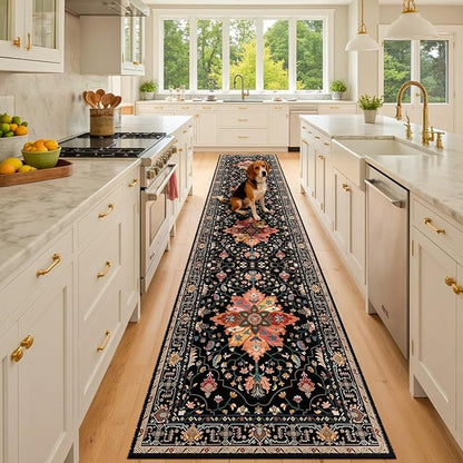 Area Rugs 2'6''x10' Runner Rug Non Slip Washable for Kitchen Hallway Bedroom Beside Laundry Room Bathroom Rug, Floor Carpet, Black Colorful Floral Dark Tan