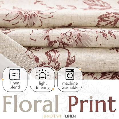 jinchan Lined Linen Blend Curtain Floral Curtains for Living Room 84 Inches Long Farmhouse Red Flower Printed Curtain Rod Pocket Back Tab Peony Patterned Drapes Curtains Set 2 Panels