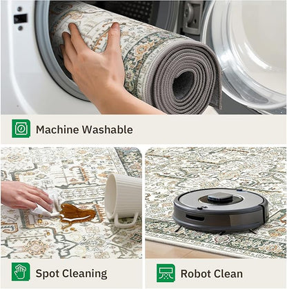 Washable 2x8 Runner Rug - Non Slip Vintage Kitchen Runner Rugs Low-Pile Distressed Long Rugs for Hallway Waterproof Indoor Carpet for Living Room Bedroom Entryway 2'x8' Green