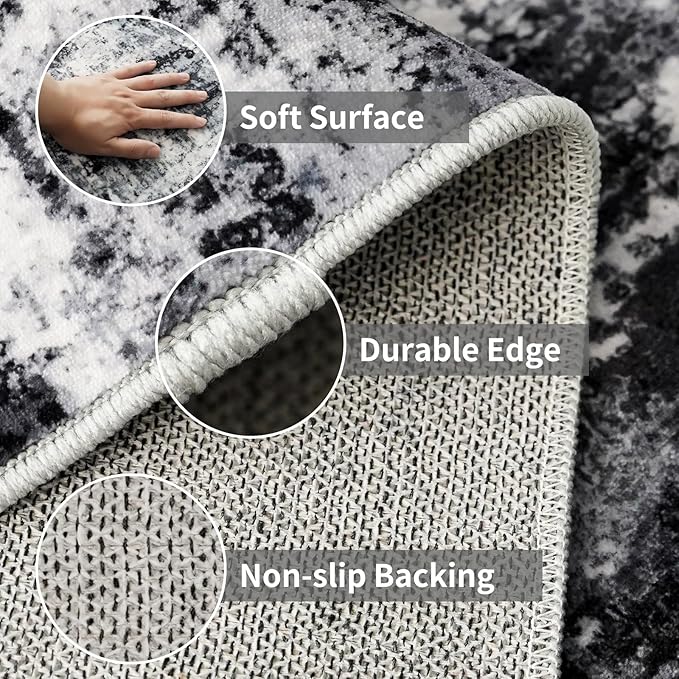 4x8 Wide Washable Runner Rug: Easy-to-Clean Runners for Hallway Entryway Kitchen Bedroom Living Room - Stain and Water Resistant Rugs with Non-Slip Backing - Soft Low-Pile Carpet Black Grey