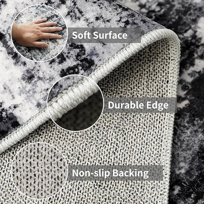 4x8 Wide Washable Runner Rug: Easy-to-Clean Runners for Hallway Entryway Kitchen Bedroom Living Room - Stain and Water Resistant Rugs with Non-Slip Backing - Soft Low-Pile Carpet Black Grey
