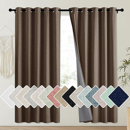 NICETOWN Coffee Vintage Linen 100% Blackout Curtains for Playroom, Thermal Insulated Curtains 72" Long, Noise Reducing Window Treatment Drapes for Laundry Room, 62" Wide Per Panel, Set of 2
