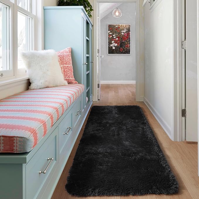ONASAR Black Runner Rugs for Bedroom Living Room, 2x6 Bedside Fluffy Area Rug, Indoor Ultra Soft Plush Shaggy Furry Floor Throw Carpet for Hallway Nursery Kids Boys Girls Dorm Closet Home Decor