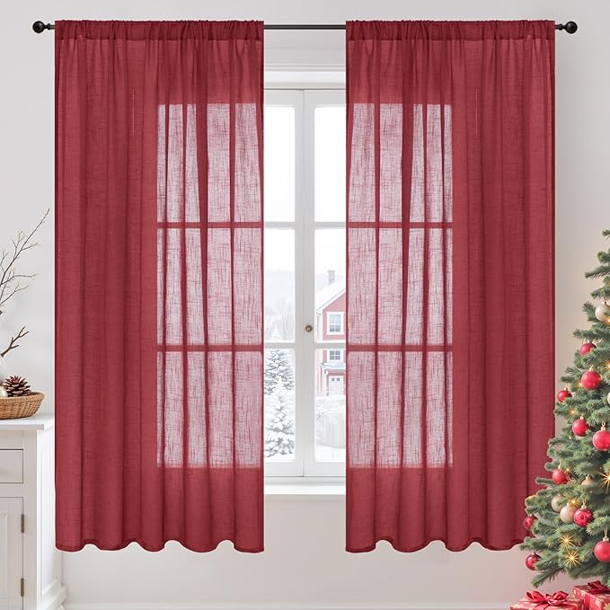 BGment Burgundy Linen Curtains 63 Inches Long for Living Room, Semi Sheer Window Drapes Textured for Bedroom Dining Light Filtering with Rod Pocket Lightweight, 2 Panels, Each 52 Inch Wide