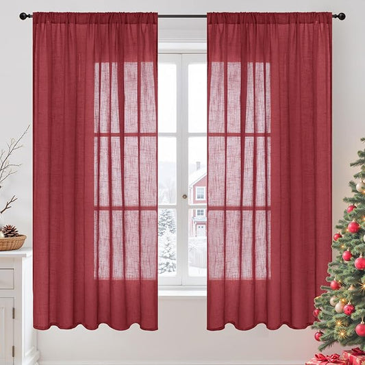BGment Burgundy Linen Curtains 63 Inches Long for Living Room, Semi Sheer Window Drapes Textured for Bedroom Dining Light Filtering with Rod Pocket Lightweight, 2 Panels, Each 52 Inch Wide