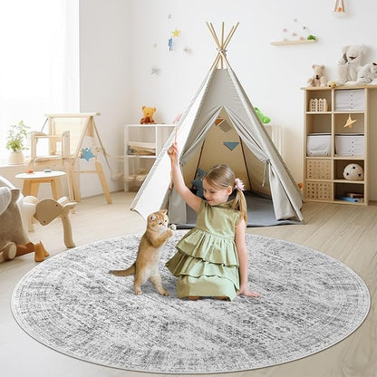 6x6 Grey Round Rug 6ft Living Room Circle Rug Gray Vintage Round Area Rug Non Slip Indoor Carpet for Dining Room Bedroom