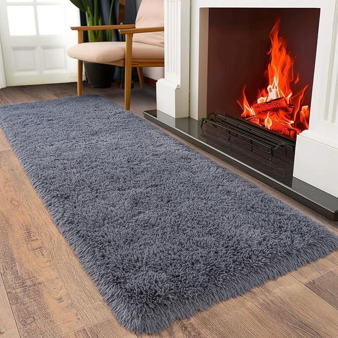 Ultra Soft Runner Rugs for Bedroom Hallways with Upgraded Non-Slip Rubber Backing & Thick Memory Sponge, 2x8 Feet Fluffy Shag Throw Area Rug for Bedside Dorm Dark Grey