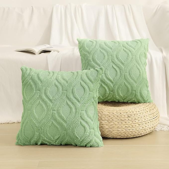 decorUhome Summer Throw Pillow Covers 18x18 Inch Set of 2, Soft Plush Faux Wool Light Sage Green Solid Couch Pillow Covers, Accent Farmhouse Neutral Square Pillow Cases for Sofa Bed Living Room