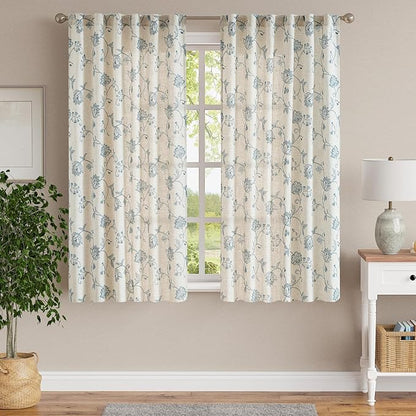 jinchan Linen Curtains Floral Curtains 63 Inch Length for Living Room Bedroom Light Filtering Rod Pocket Back Tab Jacobean Curtains Flax Linen Texture Window Drapes Set 2 Panels Blue on Linen