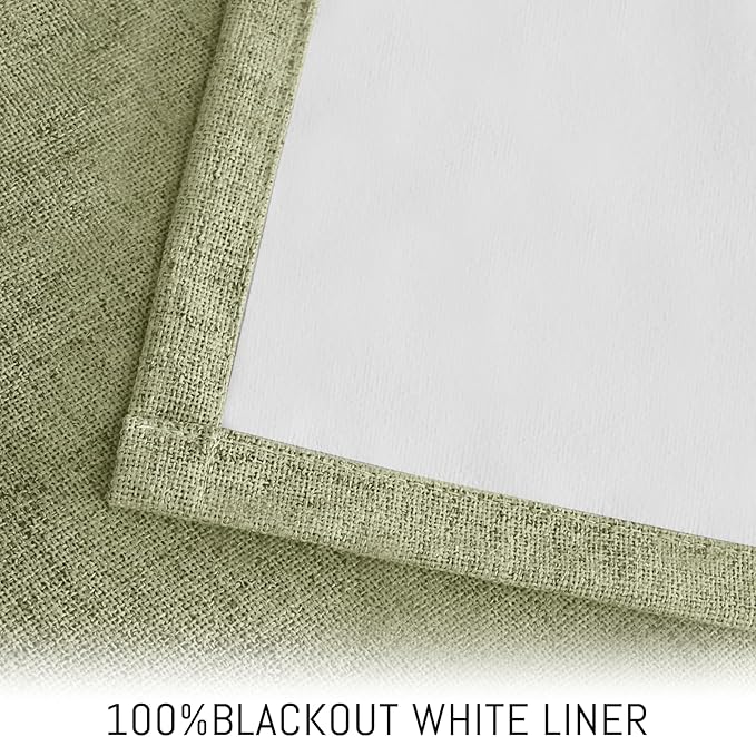 Yakamok Sage Green Linen Curtains 100% Blackout 72 Inches Long,Room Darkening Textured Curtains for Living Room Thermal Grommet Bedroom Curtain 2 Panels with Greyish White Liner
