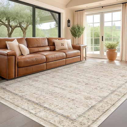 Farmhouse Rugs for Living Room 7x10, Low Pile Soft Retor Foldable Area Rug for Bedroom, Dining Room, Non Slip with Rubber Backing, Light Beige Vintage Home Décor, Geometric Floral Carpet