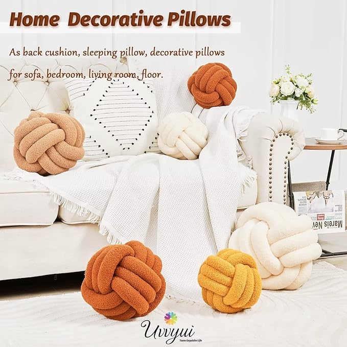 Uvvyui Knot Pillow Ball, Soft Home Decorative Pillows, Round Throw Pillow, Handmade Knotted Plush Pillow, Round Boucle Pillow Cushion (14 Inches Caramel)