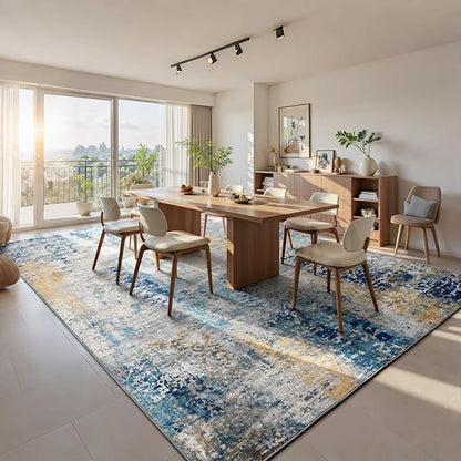 Living Room Rug 7x10 Ultramarine Area Rugs Machine Washable Abstract Boho Large Rug Non-Slip Non-Shedding Faux Wool Indoor Vintage Carpet for Bedroom, Classroom, Dining Room, Kids Playroom