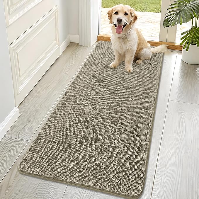 OLANLY Dog Door Mat for Muddy Paws 70x32, Absorbs Moisture and Dirt, Absorbent Non-Slip Washable Doormat, Quick Dry Chenille Mud Mat, Entry Indoor Entryway Carpet for Inside Floor, Warm Taupe