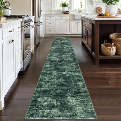 IOHOUZE Abstract Runner Rug 2x12 Ft Washable Runners for Hallways, Non Slip Kitchen Runner Printed Faux Wool Entryway Runner Indoor, Modern Abstract Floor Carpet for Hall Kitchen, Dark Green