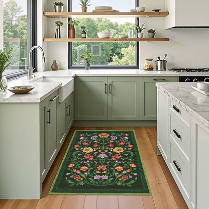 GarveeHome Protea Floral Rug for Entryway 2x3 Rugs Machine Washable Boho Small Area Rug Non-Slip Low-Pile Front Door Soft Mat for Entrance, Bedroom, Kitchen, Laundry, Bathroom, Forest Green