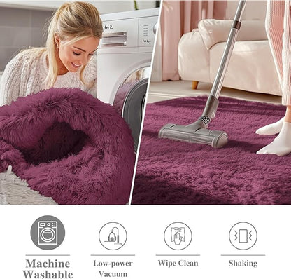 OLANLY Burgundy Round Rugs for Bedroom - Machine Washable, 3 ft Circle Area Rugs for Living Room, Soft and Fluffy Shaggy Carpet for Teen Girls and Boys, Nursery Rooms, Dorms, Home Decor Aesthetic