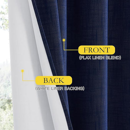 NICETOWN 100% Absolutely Blackout Linen Curtains with Thermal Insulated White Liner, Dark Blue, 52" Wide, 2 Pieces, Privacy Vertical Window Drapes for Office Laundry Living Room Windows 84 inch Long