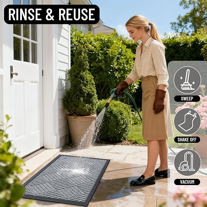 OLANLY Front Door Mat Outside Entrance 29.5x17, Absorbent, Heavy Duty Sturdy Natural Rubber Doormat Indoor Outdoor, Stain Fade Resistant, Non-Slip Low Profile Floor Mat Entryway, Charcoal Gray Diamond