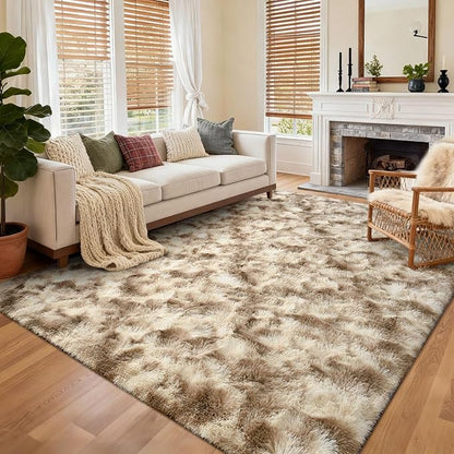 4x6 Ft Shag Area Rug for Bedroom Living Room, Tie-Dyed Ultra Soft Fluffy Furry Rugs for Indoor Floor, Aesthetic Carpet for Kids Home Decor (Khaki)