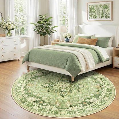 Area Rugs 8ft Washable Non-Slip, Floral Vintage Distress Print Pattern Medallion Carpet for Living Room Bedroom Dining Room, Sage Green Yellow