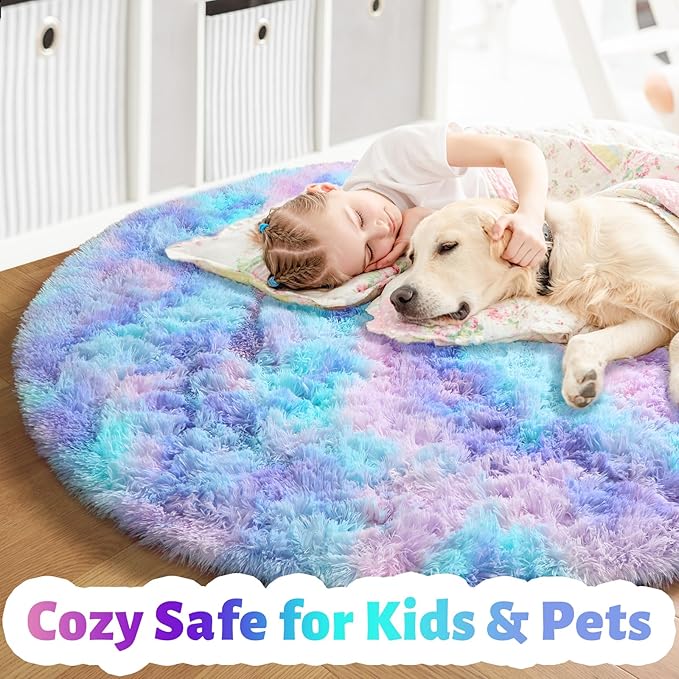 Amdrebio Purple Rainbow Small Round Rug 3Ft for Bedroom Girls Room Decor, Mermaid Stitch Frozen Kids Rugs for Playroom Nursery Dorm, Fluffy Furry Cute Shag Carpet, Kawaii Circle Area Rugs for Baby